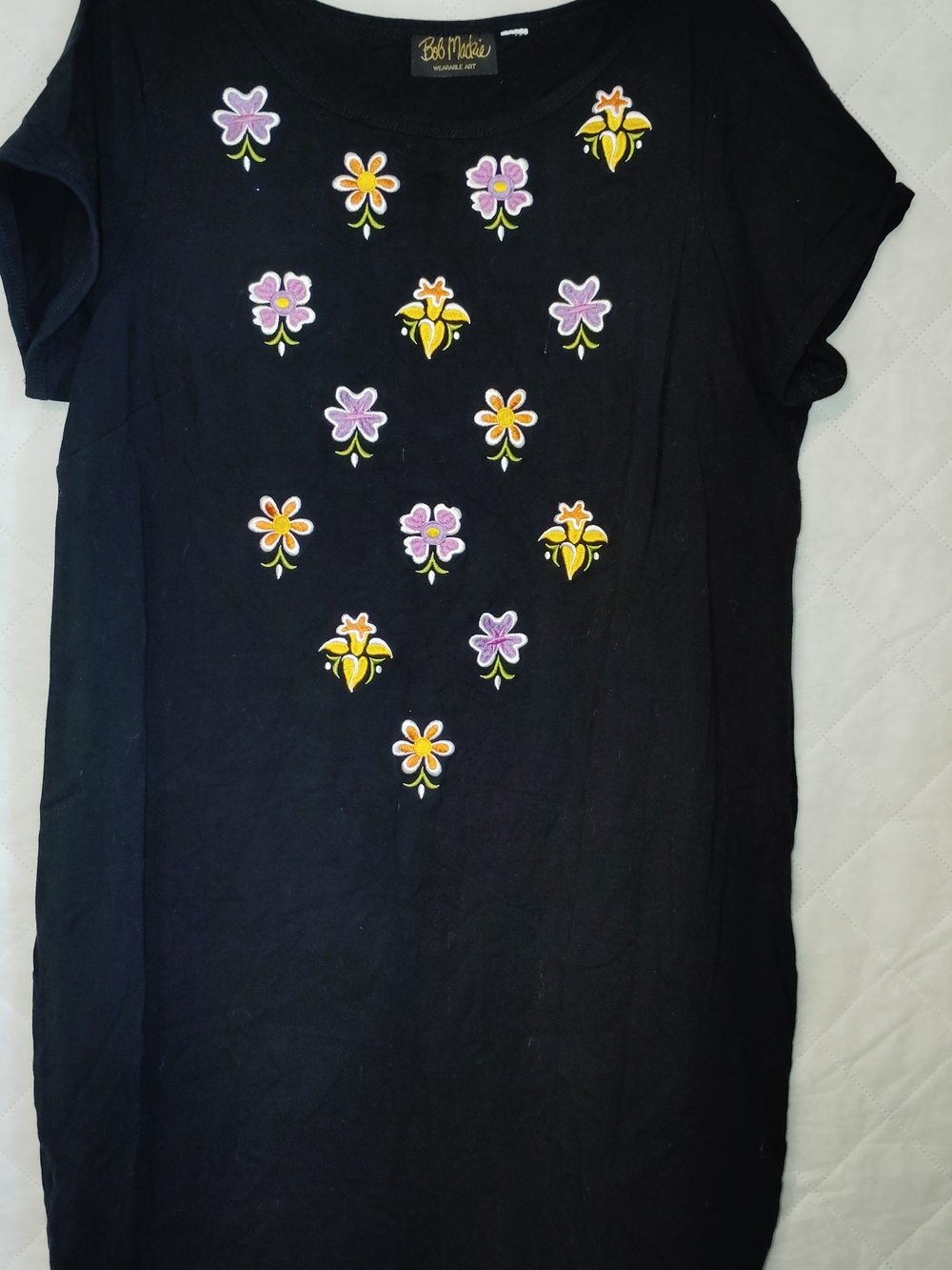 Bob Mackie Black Short-Sleeve Dress with Purple & Yellow Floral Embroidery